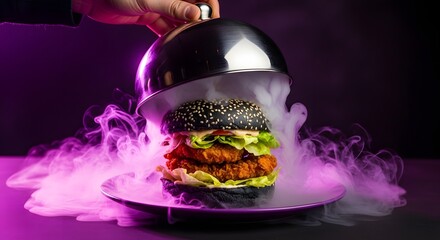 Black burger with smoke on a plate with a dark purple background indoors