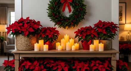 Festive christmas display with poinsettias, candles, and a wreath on a table