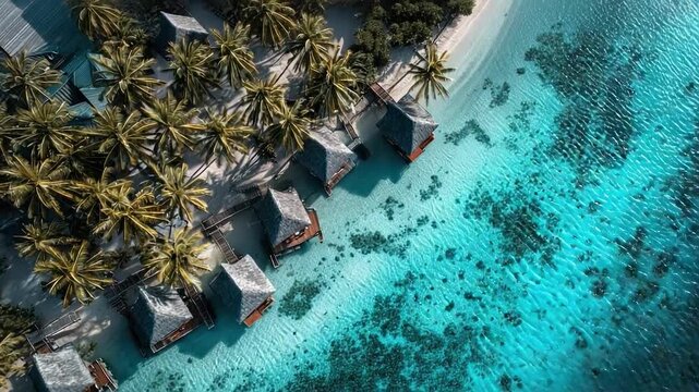 Bird's-eye view of a tropical beach with palm trees and a row of thatched-roof overwater bungalows on turquoise water.