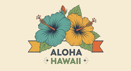 Aloha Hawaii hibiscus flower badge design in retro style illustration