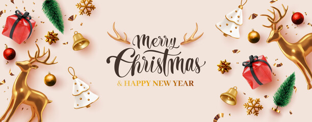 Elegant Christmas Vector background with golden reindeer, red Christmas gift boxes,white Christmas trees, ornaments,pine branches,golden bells,confetti and festive elements on pastel pink backdrop
