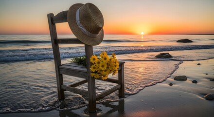 A serene beach scene with a chair, hat, and flowers at sunset