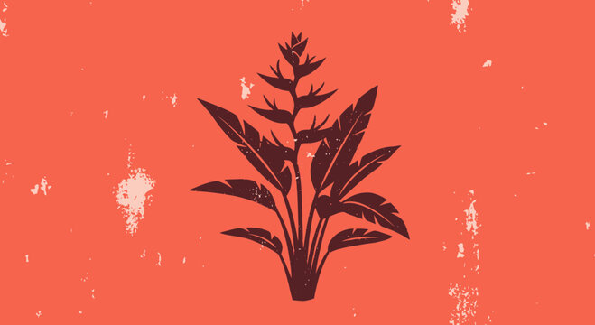 Artistic rendition featuring a stylized tropical heliconia plant silhouette