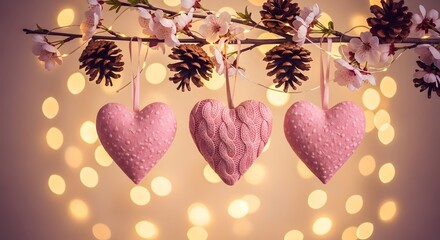 Three hanging heart decorations with pine cones and lights in the background