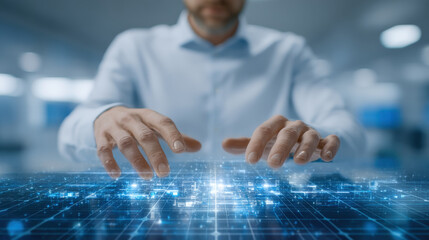 Hands hovering over glowing digital grid with futuristic holographic interface conveying innovation and focus