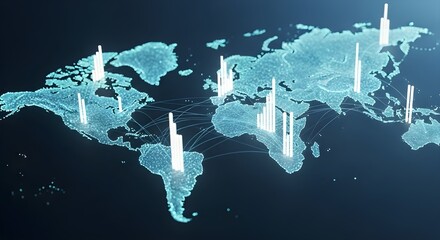 Digital global map showing glowing bar graphs across continents, illustrating global market data, business trends, and worldwide sales comparison using connected networks and technological visualizat