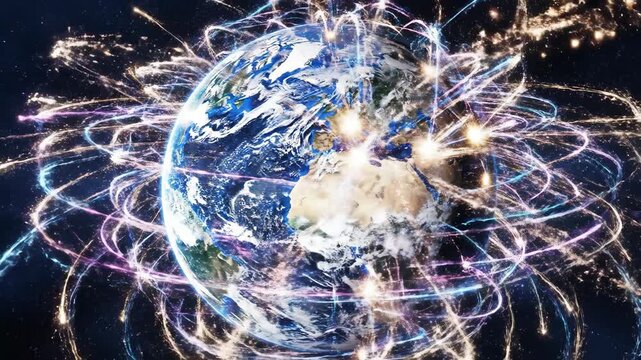 Abstract earth globe surrounded by neon energy lines in outer space