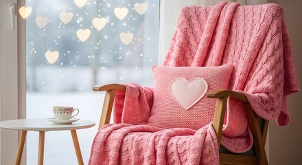 Cozy armchair with pink blanket, pillow, and tea cup near window with hearts