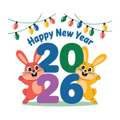 Cute cartoon rabbits celebrating the arrival of the new year 2026 with colorful lights and festive decorations