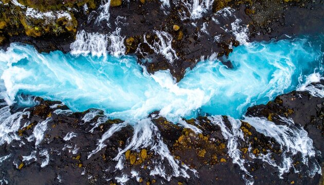 Aerial view of vibrant blue river cutting through rocky terrain with lush green vegetation and frothy rapids.
