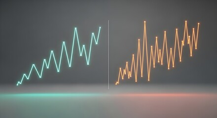 A 3D rendered abstract visualization showing two upward trending line graphs in glowing neon cyan and orange, set against a dark background, representing a dynamic sales comparison or business metric