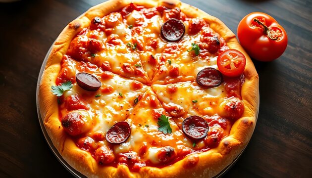 Stylized graphic of a delicious round pizza, showcasing its golden crust, melted cheese, and various vibrant toppings,  round,  icon