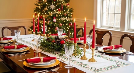 Elegant christmas dining table setting with red candles and festive decor
