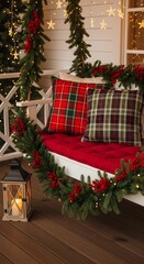 Christmas porch swing decorated with garland and plaid pillows for the holidays