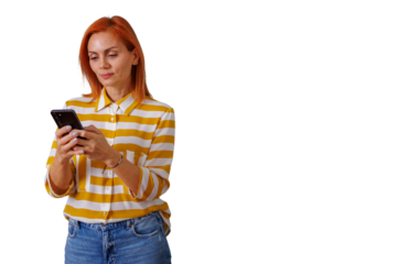 Woman with red hair using a smartphone, texting or scrolling through social media on transparent background