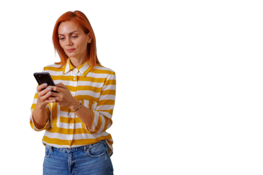 Woman with red hair using a smartphone, texting or scrolling through social media on transparent background