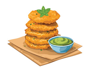 Stack of Golden Brown Vegetable Fritters or Healthy Savory Patties with Fresh Herbs and Green Cream Dip - Vector Illustration © powdesign