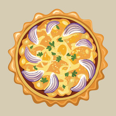 Classic Savory Quiche Tart with Sliced Onions and Herbs in a Golden Flaky Pastry Crust, Ready to Eat - Vector Illustration