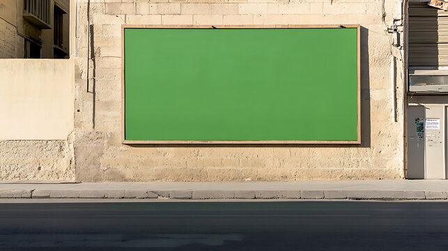 Green screen billboard on an aged, textured building exterior, offering ample space for creative advertisement or informational display in an urban setting. #greenscreen