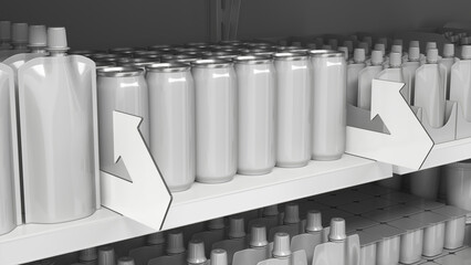 Close-up of supermarket shelves with arrow-shaped shelf stoppers and blank goods. 3d illustration