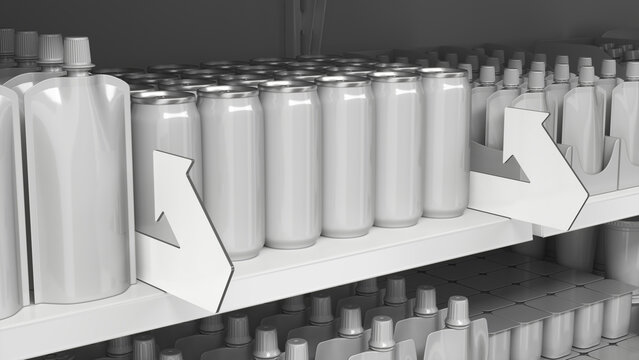 Close-up of supermarket shelves with arrow-shaped shelf stoppers and blank goods. 3d illustration