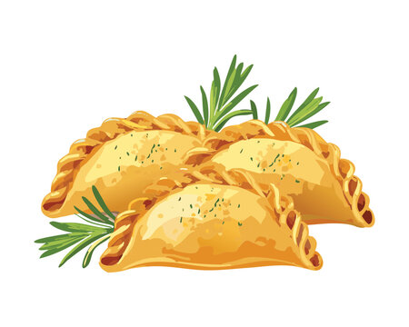 Delicious golden brown crescent-shaped empanadas or turnovers filled with savory stuffing, lightly dusted with herbs and seasoning for a meal - Vector Illustration