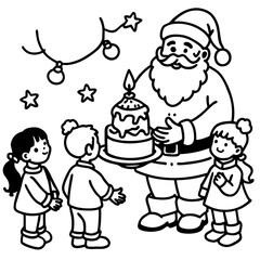 Fototapeta premium Santa sharing holiday cheer with children with a beautiful cake Christmas lights and a warm festive glow on white background