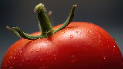 Close up of a fresh red tomato with water droplets on the skin surface