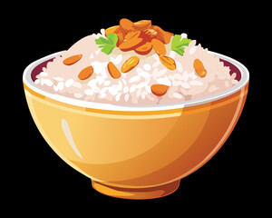 Heaping bowl of white rice mixed with raisins and slivered almonds, a festive and sweet savory side dish or dessert - Vector Illustration