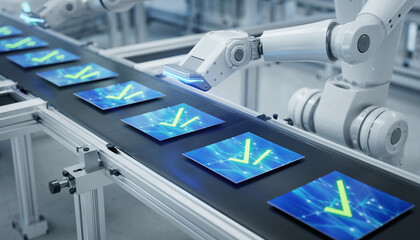 The Robotic Arm Validation. A stack of holographic blue documents is shown moving on a futuristic conveyor belt. A large white and chrome robotic arm is scanning each one.
