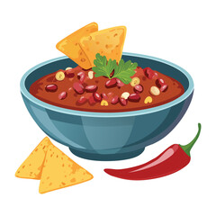 Hearty bowl of traditional chili, featuring ground meat and beans, topped with triangular tortilla chips and fiery red peppers - Vector Illustration