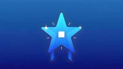 Obraz premium A minimalistic blue digital star with a glowing center and subtle ribbon-like extensions, set against a gradient blue background, representing achievement, reward, and modern digital design aesthetics