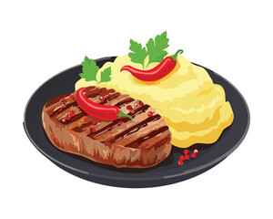 Hearty meal of a grilled sirloin steak placed on creamy mashed potatoes, garnished with fresh herbs, ready to be enjoyed - Vector Illustration