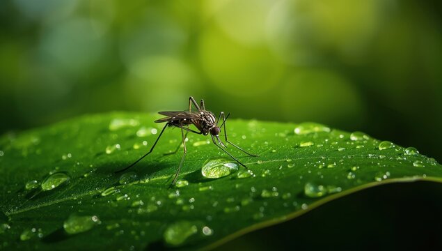 Close up of a mosquito resting on a leaf covered in water droplets in nature