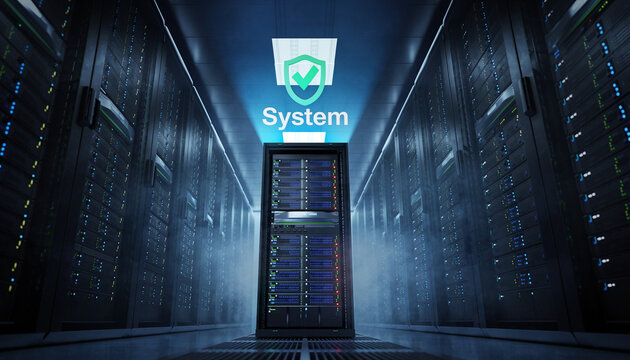 The Server Rack. The focus is on one rack of network servers with hundreds of small blinking lights. A single holographic projection of a "System Secure" message .
