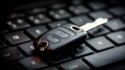 Modern electronic vehicle remote sits atop a dark computer keyboard