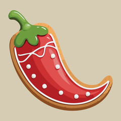 A festive and decorated red chili pepper, shaped like a playful cookie or ornament, symbolizing spice, heat, and bold flavors often found in holiday recipes - Vector Illustration