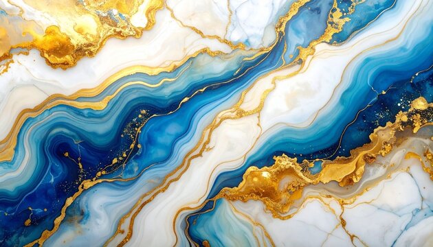 Abstract marbled artwork with swirling blue, white, and gold patterns, evoking fluid motion and rich texture. - Powered by Adobe