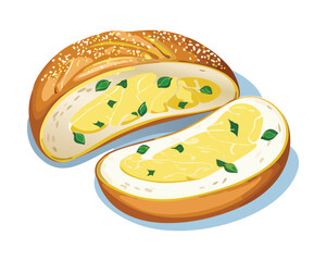 Cut garlic bread or herb bread, buttered and sprinkled with fresh green parsley, ready to be served hot as a side dish - Vector Illustration