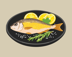 Perfectly seasoned whole grilled fish served on a black plate with lemon wedges and fresh rosemary for a healthy meal - Vector Illustration