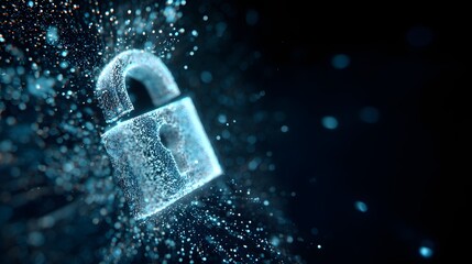 Digital padlock icon glows with dispersing light particles against a dark background