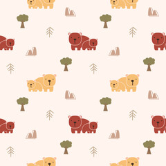 Obraz premium Bear and son cartoon so cute. On tree mountain background. Pattern seamless vector illustration. 