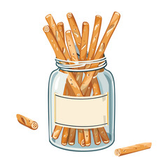 Crispy thin breadsticks or pretzel rods, stored in a glass jar with a plain label, tied with rustic twine - Vector Illustration