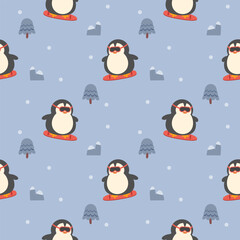 Penguin play snowboard cartoon so cute. On tree mountain snow background. Pattern seamless vector illustration. 
