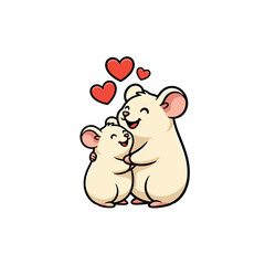 Two beige cartoon mice hugging each other with pink hearts floating above their heads on a black background celebrating love and family in a simple flat design style