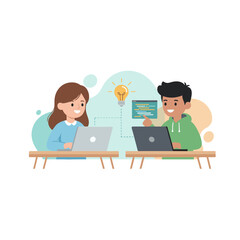 Two Young People Collaborate on Laptops with a Bright Idea Bulb Symbol Above Them