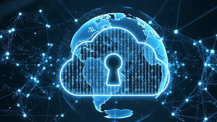 Cloud computing security concept with a glowing keyhole and binary code over a digital earth - Powered by Adobe