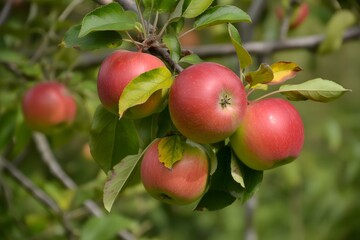 Ripe red apples growing on tree branch