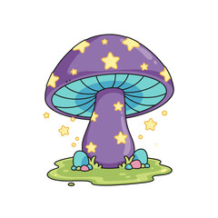 Whimsical Purple Mushroom With Yellow Stars and Glowing Blue Gills Sits on Green Grass