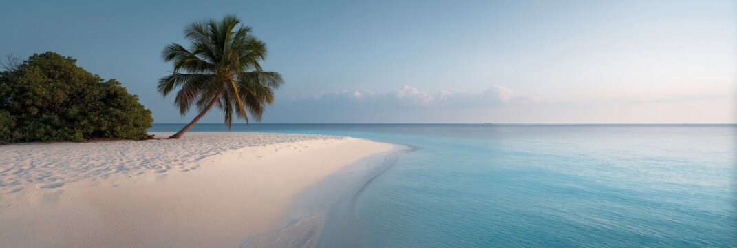 Serene tropical beach with palm tree, clear blue sea, and white sand at sunset